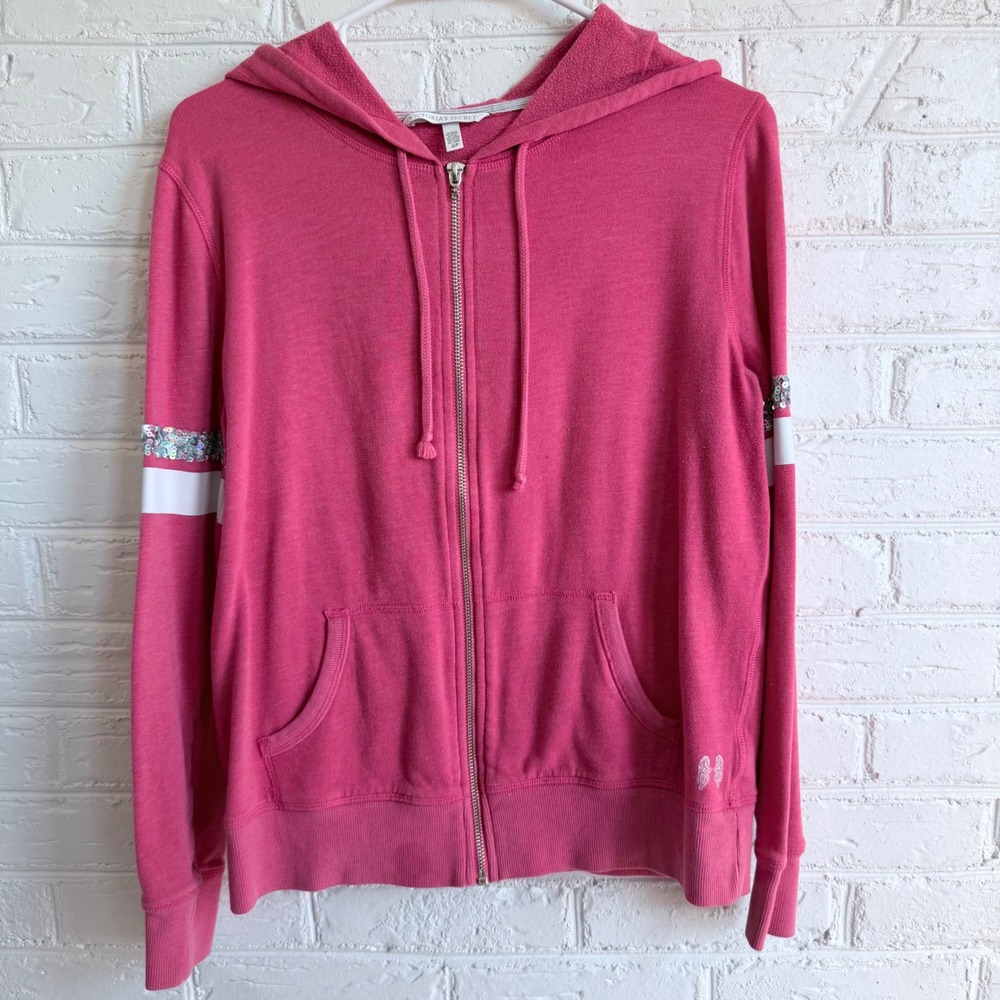Victoria's Secret Pink Zip‎ Up Hoodie Sequin Stripes Wings Logo Size S P